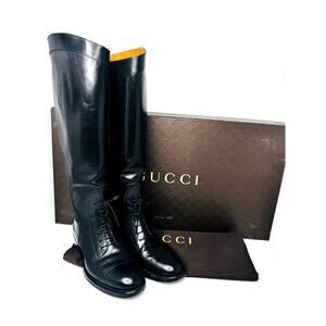 Gucci Boulanger Noir Black Leather Equestrian Knee-High Boots Riding Sz EU 38.5